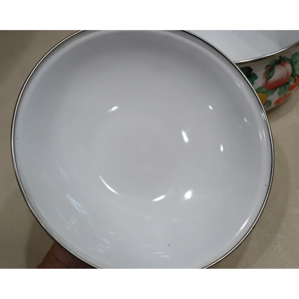 Vintage Enamelware Stock Pot with Lid Fruit Orchard Pattern White 2 Quart